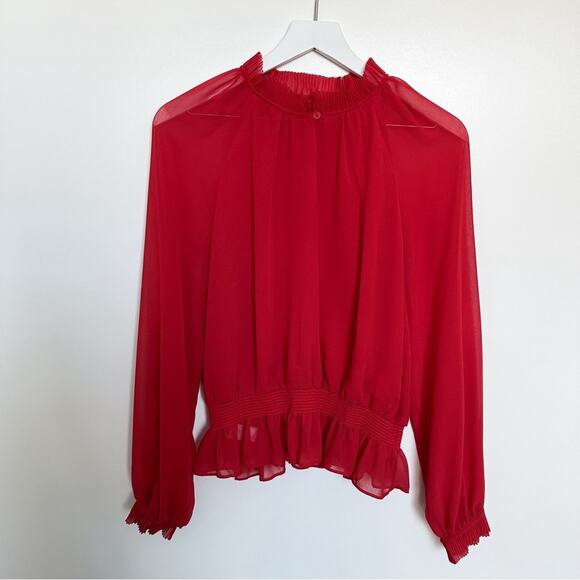 Ann Taylor Women’s Red Pleated Smocked Waist Long Sleeve Blouse - Picture 3 of 11